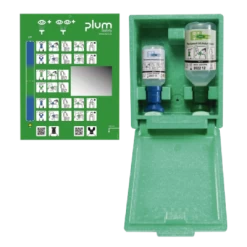Plum Augen-Notfallstation In Staubgeschützter Wandbox Mit Je 1 Augenspülflasche 200 Ml PH-neutral Und 500 Ml NaCl 0,9%, Mit Spiegel